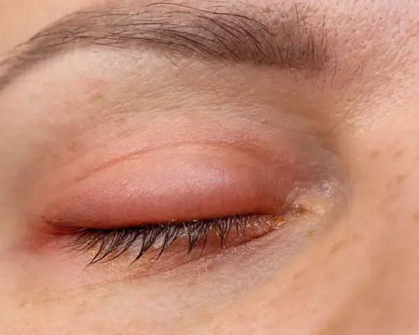 Ojo hinchado al despertar, con enrojecimiento e irritación en el párpado.