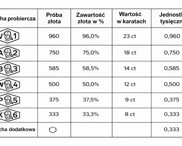 Tabela cech probierczych złota: próba złota 375 odpowiada 37,5% czystego złota, 9 karatom i jednostce 0,375.