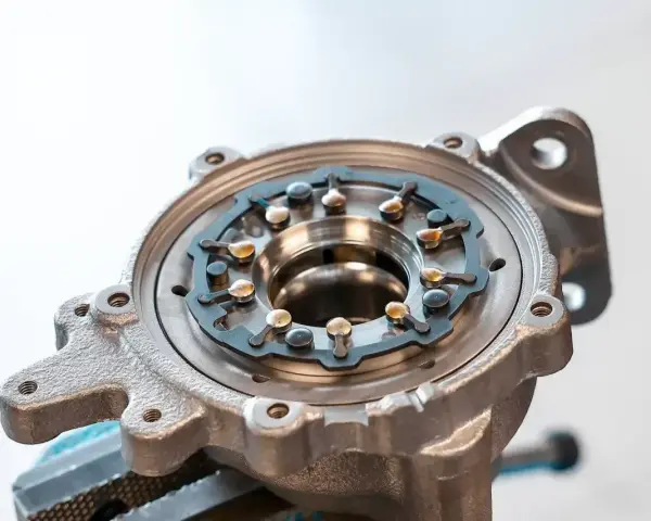 Metalowa obudowa turbosprężarki z widocznym mechanizmem kierownic spalin, kluczowym dla działania biturbo.