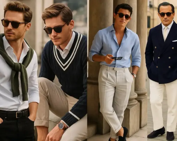 Hombres con estilo old money: camisas, jerséis de rombos, trajes y gafas de sol, proyectando elegancia y sofisticación.