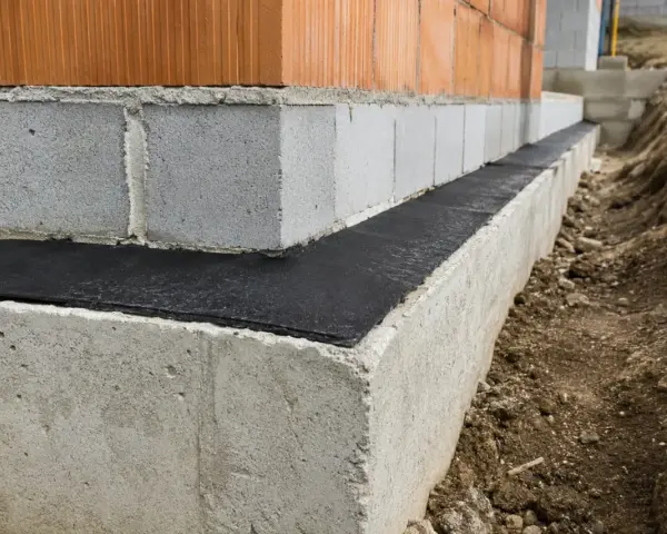 Budowa domu: widoczna izolacja pozioma fundamentów, beton, pustaki i cegła.