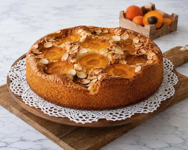 Un délicieux gâteau aux abricots, garni d'amandes effilées, est présenté sur une planche en bois.
