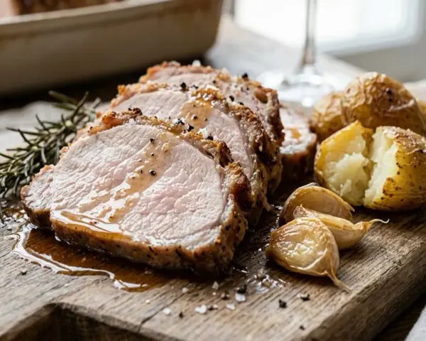 Arista di maiale succulenta, affettata e servita con patate arrosto, aglio e rosmarino su un tagliere di legno.