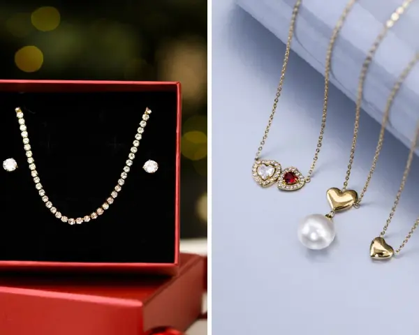 Biżuteria na prezent: naszyjnik z cyrkoniami i kolczyki w pudełku, naszyjniki z sercami i perłą. Idealne na galentines co to za okazja?