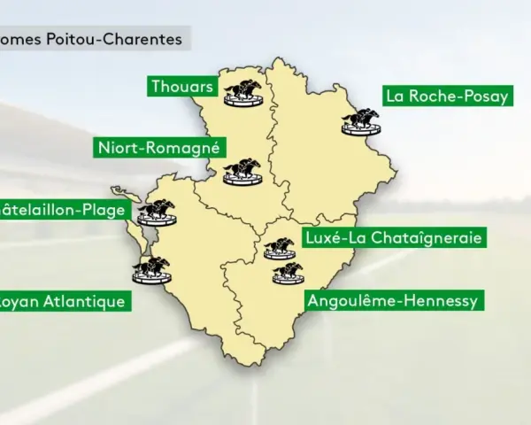 Carte des hippodromes en Poitou-Charentes : Thouars, Niort, La Roche-Posay, Châtelaillon, Luxé, Royan, Angoulême. Combien d'hippodrome en France ?