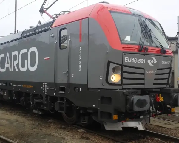 Lokomotywa PKP Cargo EU46-501 z napisem "PKPCARGO" na szarym boku i czerwonym przodem.
