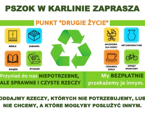 Co można oddać na PSZOK: meble, zabawki, książki, RTV/AGD, akcesoria dla dzieci, ceramikę, szkło, art. dekoracyjne i sprzęt sportowy.