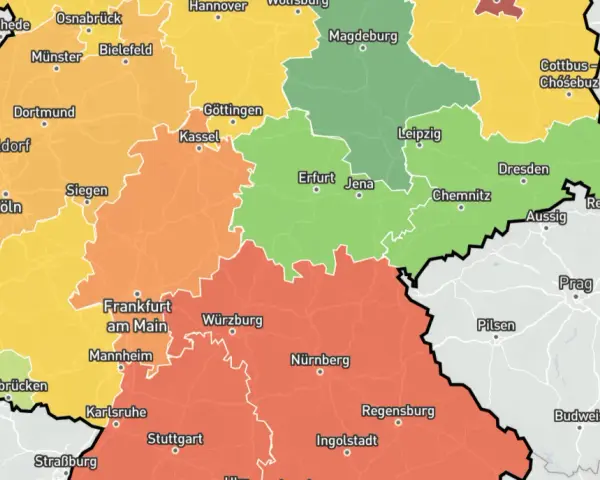 Karte zeigt Regionen Deutschlands mit Farbkodierung, die auf immobilienpreise Bielefeld und Umgebung hindeutet.
