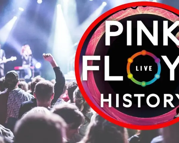 Koncertowa atmosfera, tłum na koncercie, logo "Pink Floyd Live History". Marzenie o Pink Floyd w Polsce staje się rzeczywistością.