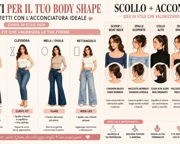 Guida ai jeans perfetti per ogni body shape, con consigli su scollature e acconciature per valorizzare il tuo stile. Trova il fit ideale per la tua figura, come i modelli cargo o flare, per sentirti al meglio.