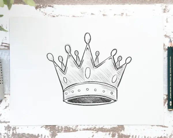 Szkic korony na papierze, pokazujący jak narysować koronę krok po kroku. Obok leżą ołówki i gumka.