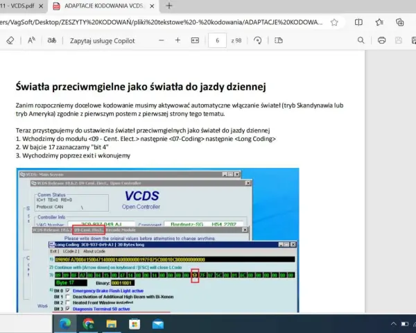 Ekran programu VCDS z instrukcją kodowania świateł przeciwmgielnych jako dziennych.