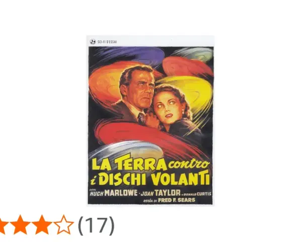 Locandina del film "La Terra contro i dischi volanti", con una coppia spaventata circondata da dischi volanti colorati.