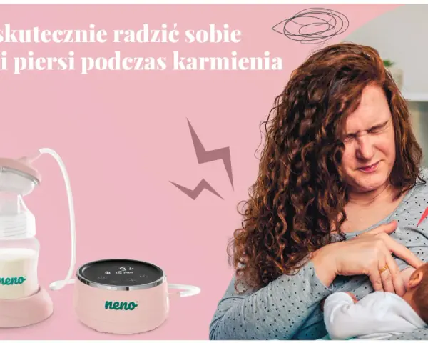 Kobieta z bólem piersi podczas karmienia piersią. Obok laktator Neno, który może pomóc złagodzić dyskomfort.