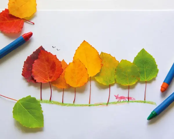Bunte Herbstblätter werden zu Bäumen arrangiert. Ein kleiner Fuchs schaut neugierig hervor. Perfekt für Herbst basteln Kinder!