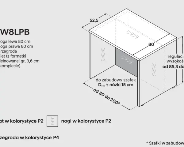 Wymiary szafki: głębokość 52,5 cm, szerokość wyspy kuchennej 80 cm. Regulacja wysokości od 85,3 do 86 cm.