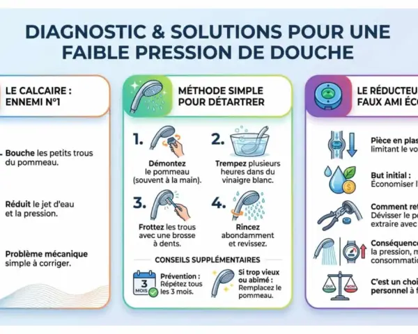 Diagnostic et solutions pour une faible pression de douche : le calcaire bouche les trous du pommeau. Pour déboucher douche, démontez, trempez dans vinaigre, frottez et rincez.