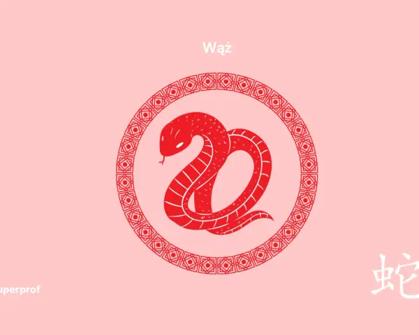Czerwony wąż w okręgu z chińskimi wzorami, symbol zodiaku chińskiego. Obok znak chiński oznaczający węża.