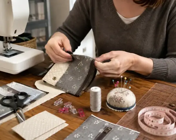 Tuto enveloppe rectangulaire : mains cousant un portefeuille en tissu, avec machine à coudre, ciseaux, épingles et ruban à mesurer.