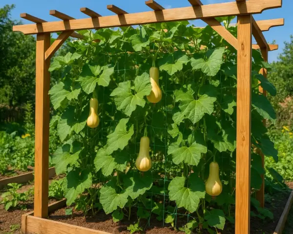 Zucchine trombetta pendono da una rete sotto una pergola in legno, pronte per essere raccolte.
