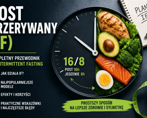 Talerz w kształcie zegara z jedzeniem symbolizuje dietę imitującą post (IF) 16/8. Obok notatnik z napisem "PLAN IF".