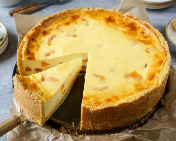 Ein saftiger Mandarinen Schmand Kuchen mit einem knusprigen Boden und cremiger Füllung, verziert mit saftigen Mandarinenstücken.