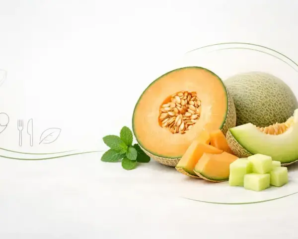 Melon właściwości: soczysty melon kantalupa, pokrojony w plastry i kostki, z listkami mięty. Obok cały melon i plaster zielonego melona.