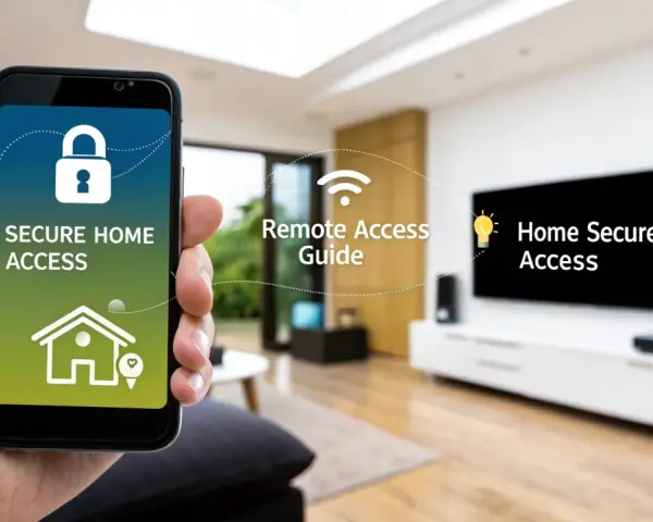 A hand holds a smartphone displaying "Secure Home Access," illustrating how IoT devices are remotely controllable for a safe and connected living space.