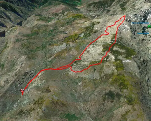 La ruta Morezón se muestra en rojo sobre un paisaje montañoso, comenzando en "Inicio" y ascendiendo hacia el Refugio y la Laguna Grande.
