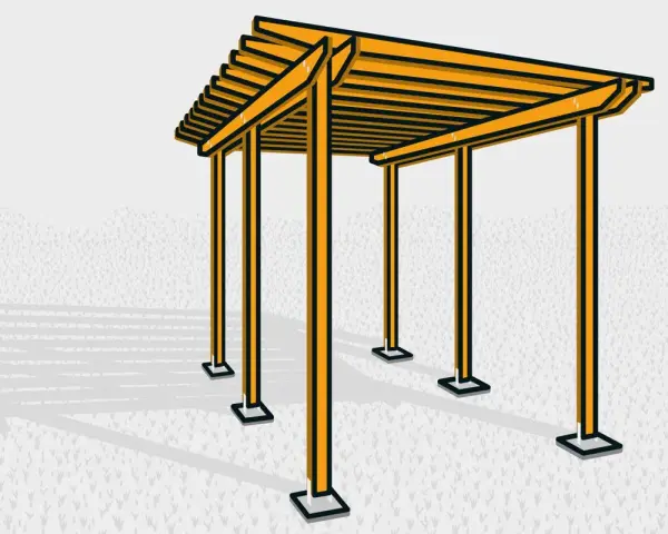 Enkel pergola ritning i gult och svart, med skuggor som faller på en gräsmatta.
