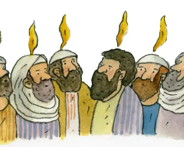 Aquarellzeichnung von Männern mit Bärten und Flammen über ihren Köpfen, die an Pfingsten in der Bibel erinnert.