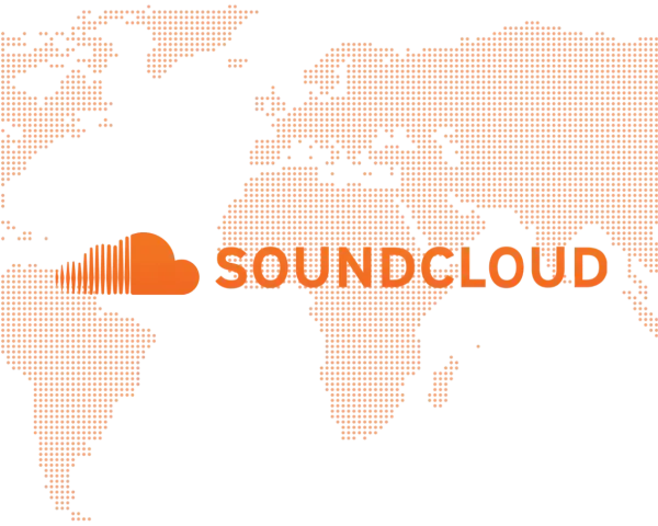 Weltkarte aus orangefarbenen Punkten mit dem SoundCloud-Logo und dem Schriftzug. Die globale Reichweite von SoundCloud-Statistiken wird hervorgehoben.