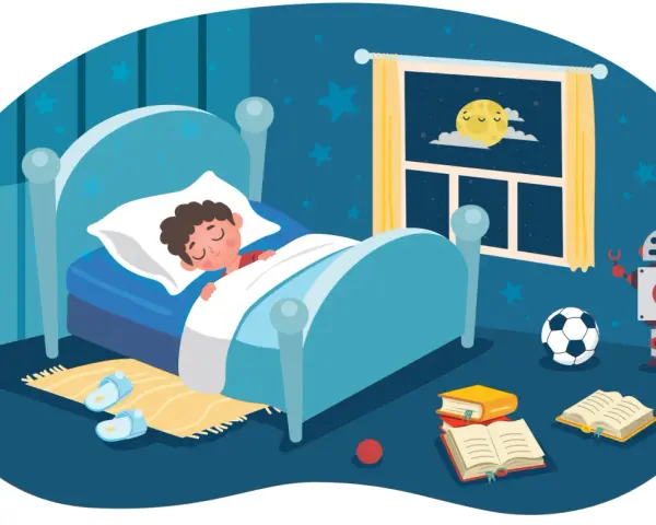A boy sleeps peacefully in bed, dreaming of a robot, soccer ball, and books. A sweet prayer for tonight.