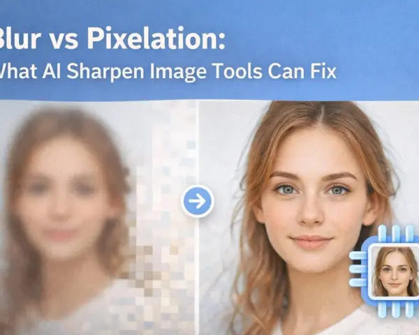 Jämförelse av suddig och pixlad bild av en kvinna, där AI-verktyg förbättrar pixlar till en skarpare bild.