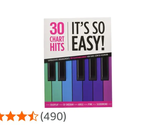 Notenbuch "30 Chart Hits Easy!" mit Klaviertasten-Design. Ideal, um zu lernen, wie man Lieder schreibt und spielt.
