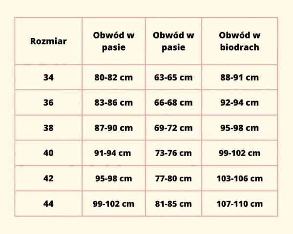 Tabela rozmiarów od 34 do 44. Rozmiar 40 odpowiada obwodowi w pasie 91-94 cm i biodrach 99-102 cm.