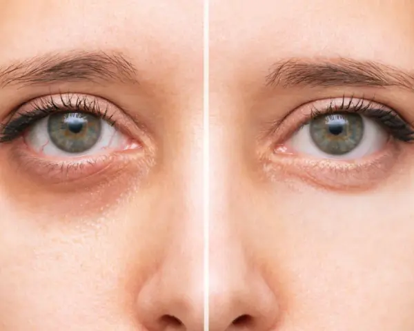 Avant/après : correction des cernes grâce à la colorimétrie et au maquillage.