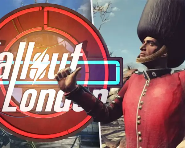 Un soldado con uniforme de guardia real británico, con un sombrero alto y un traje rojo, posa frente al logo de Fallout London.
