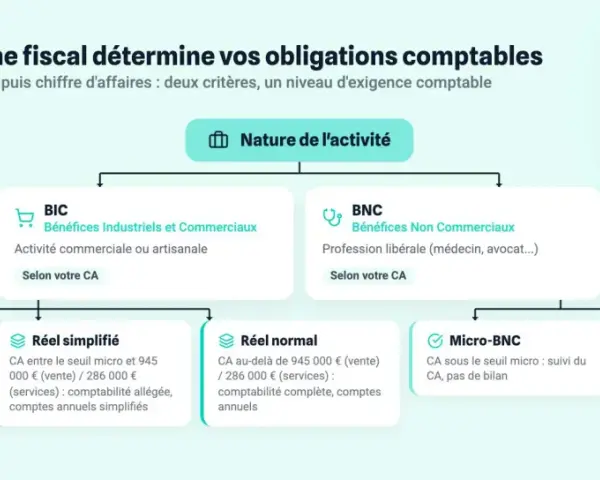 Schéma expliquant les régimes fiscaux selon la nature d'activité (BIC, BNC) et le seuil micro pour un avocat.