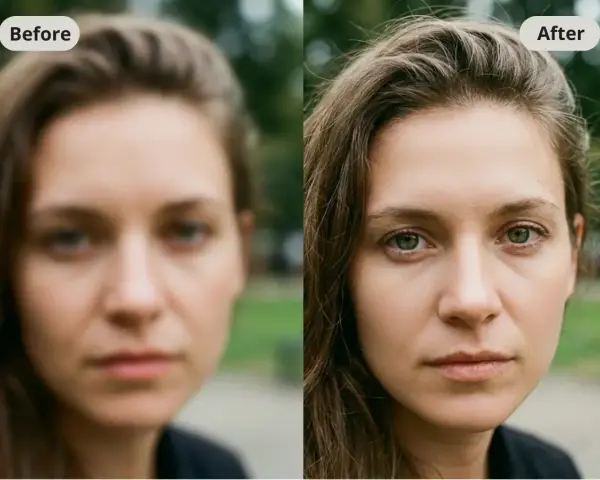 Comparaison avant/après : une photo floue d'une femme devient nette, révélant ses yeux verts et la texture de sa peau.