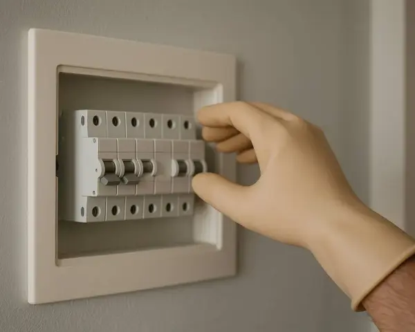 Mano con guante manipulando un magnetotérmico en un cuadro eléctrico.