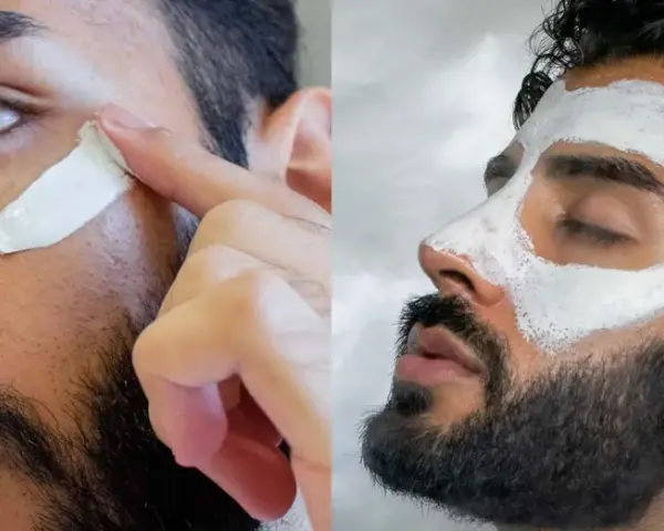 Hombre aplicándose mascarillas de arcilla para la cara. Una imagen muestra la aplicación, la otra la mascarilla puesta.