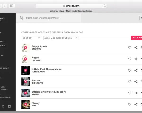 Jamendo Music zeigt eine Liste mit kostenlosen Downloads an, bereit für deinen nächsten playlist upload.