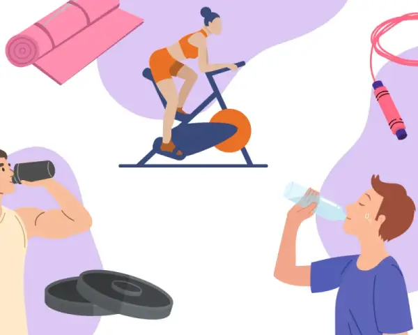 Fitness-Szene mit Radfahrer, Springseil, Gewichten und Männern, die trinken. Ein Proteinshake vor oder nach dem Training ist ideal.