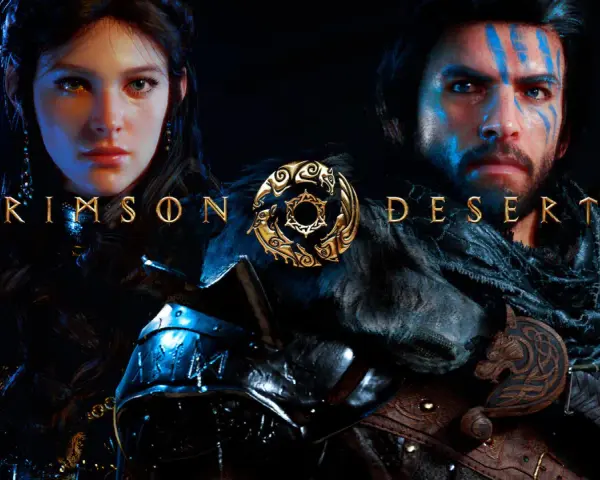 Crimson Desert: la fecha de lanzamiento del juego se acerca. Dos guerreros, un hombre con pintura de guerra azul y una mujer con armadura, miran fijamente.