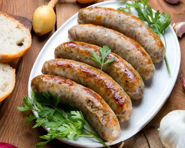Pięć soczystych białych kiełbasek z piekarnika, podanych z chlebem, cebulą i czosnkiem.