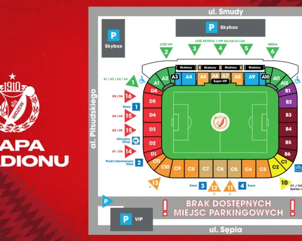 Mapa stadionu Widzew Łódź. Widok z lotu ptaka na boisko, trybuny z sektorami A, B, C, D, punkty informacyjne, kasy, depozyt i parkingi.