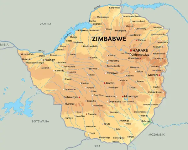 Mapa Zimbabwe z zaznaczonymi miastami, rzekami i jeziorami. Język polski.