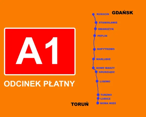 Mapa płatnego odcinka autostrady A1 Toruń - Gdańsk z zaznaczonymi miejscowościami.