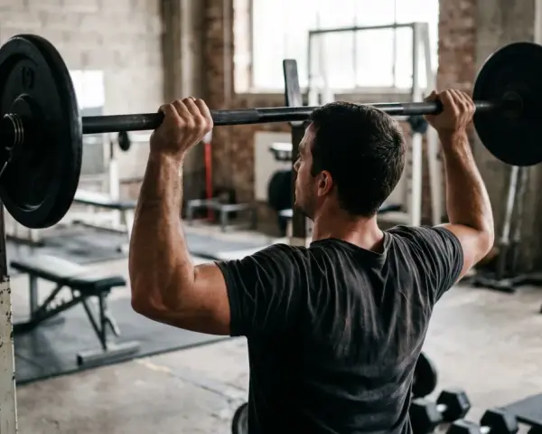 Un homme effectue des exercices de musculation avec une barre chargée dans une salle de sport rustique.